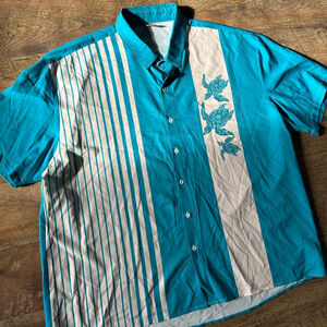 Men's HARDADDY Casual Button Down Shirt XXL Blue White Turtle Print